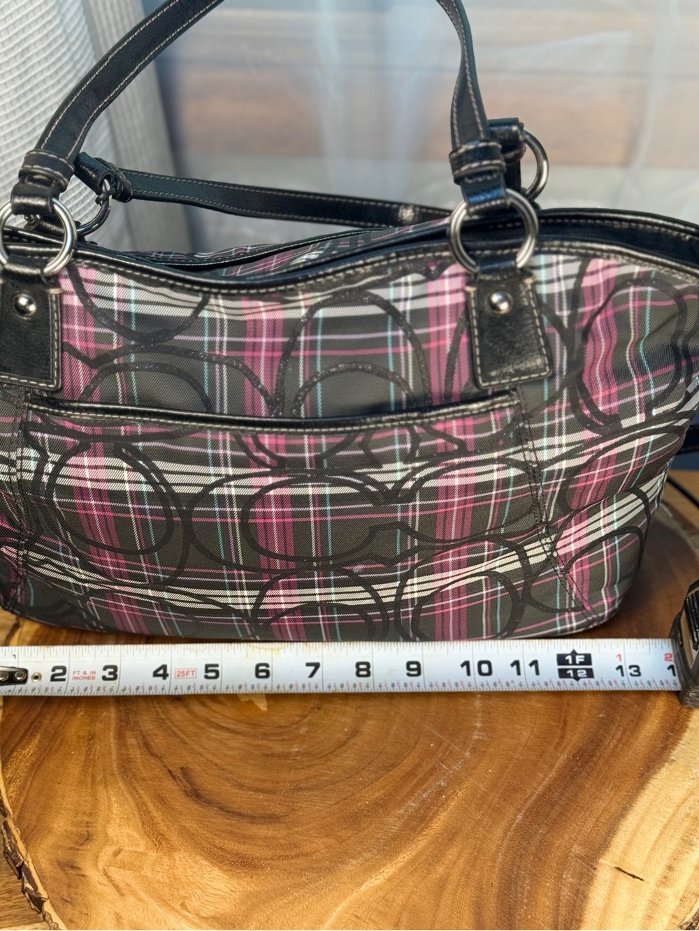 Coach Poppy Glitter Tartan Plaid Satchel Pink Black F18220 EUC - Picture 12 of 13